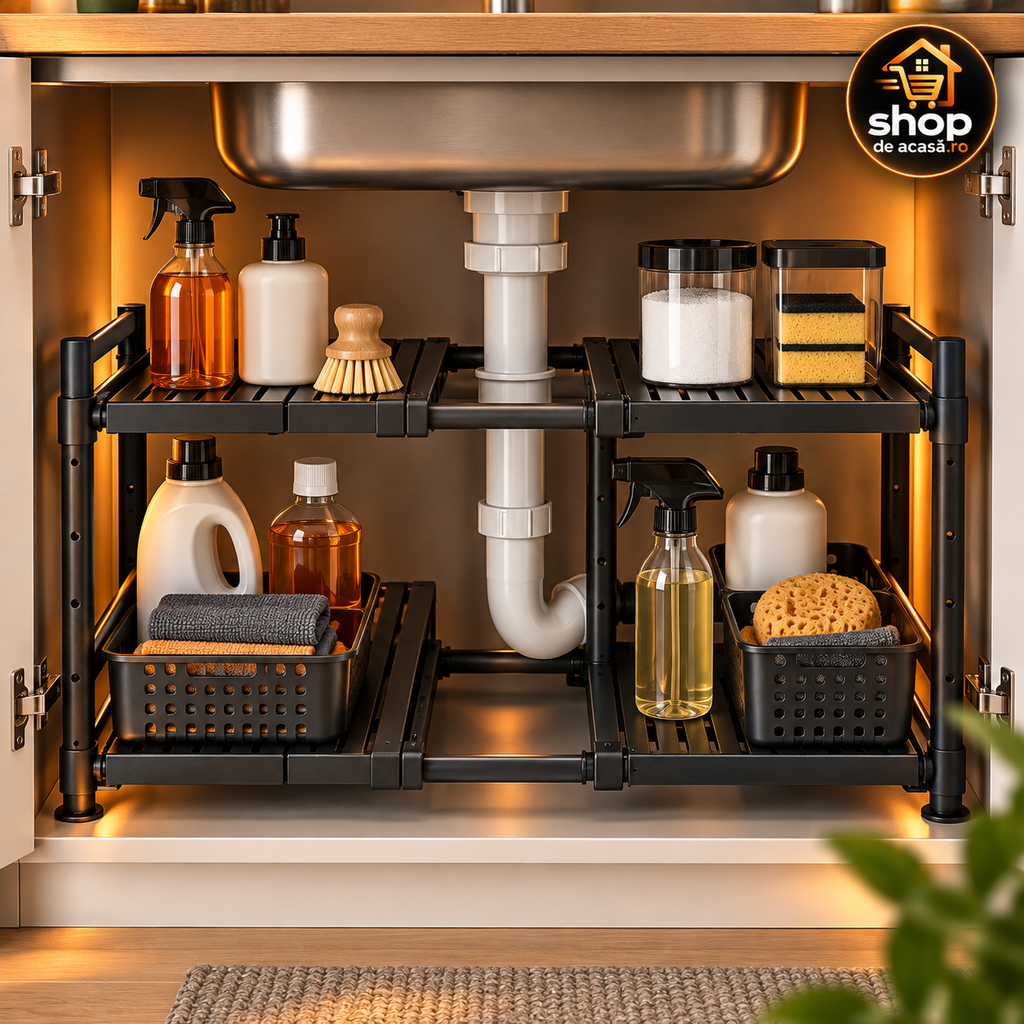 Raft organizator extensibil sub chiuvetă cu produse de curățenie