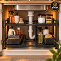 Raft organizator extensibil sub chiuvetă cu produse de curățenie