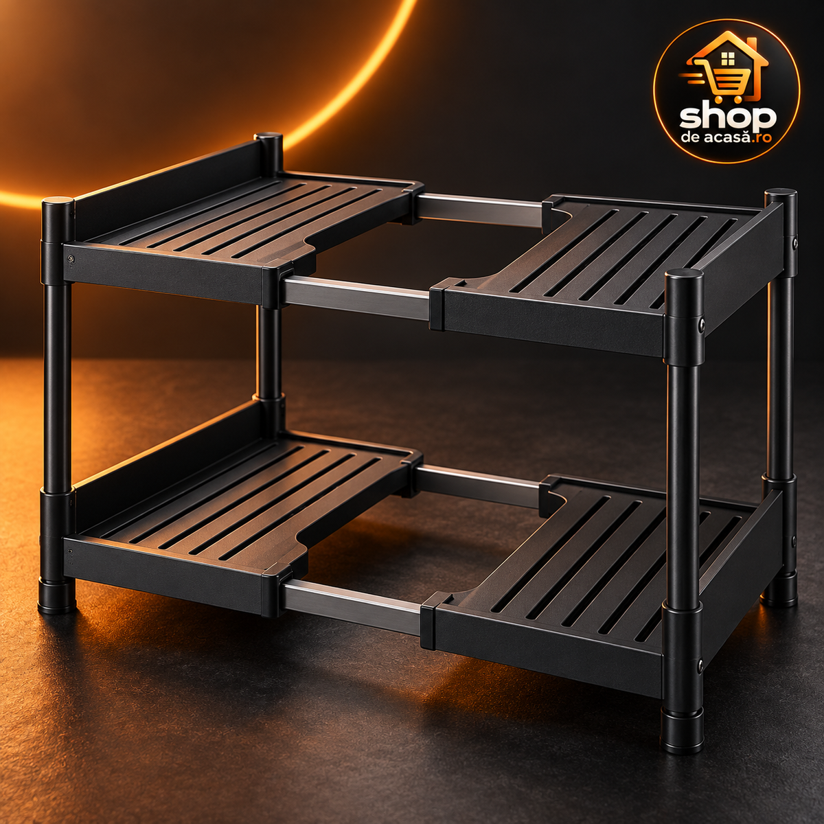 Raft organizator metalic negru mat pe fundal premium