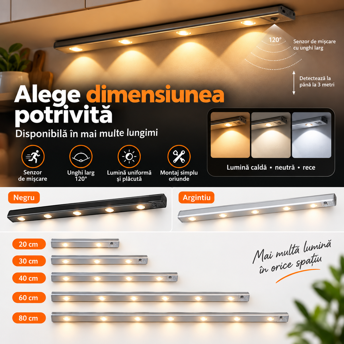 Lumină LED cu Senzor de Mișcare - Fără Fir, Reîncărcabilă